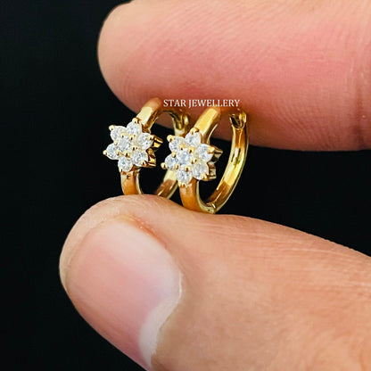 14K Solid Gold Single Flower Diamond Hoop Earring