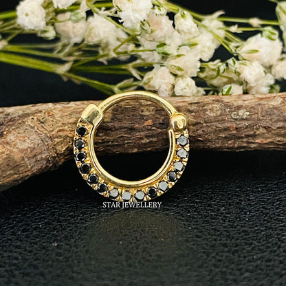 14K Solid Gold Micro Set Natural Black Diamond Daith Clicker Piercing