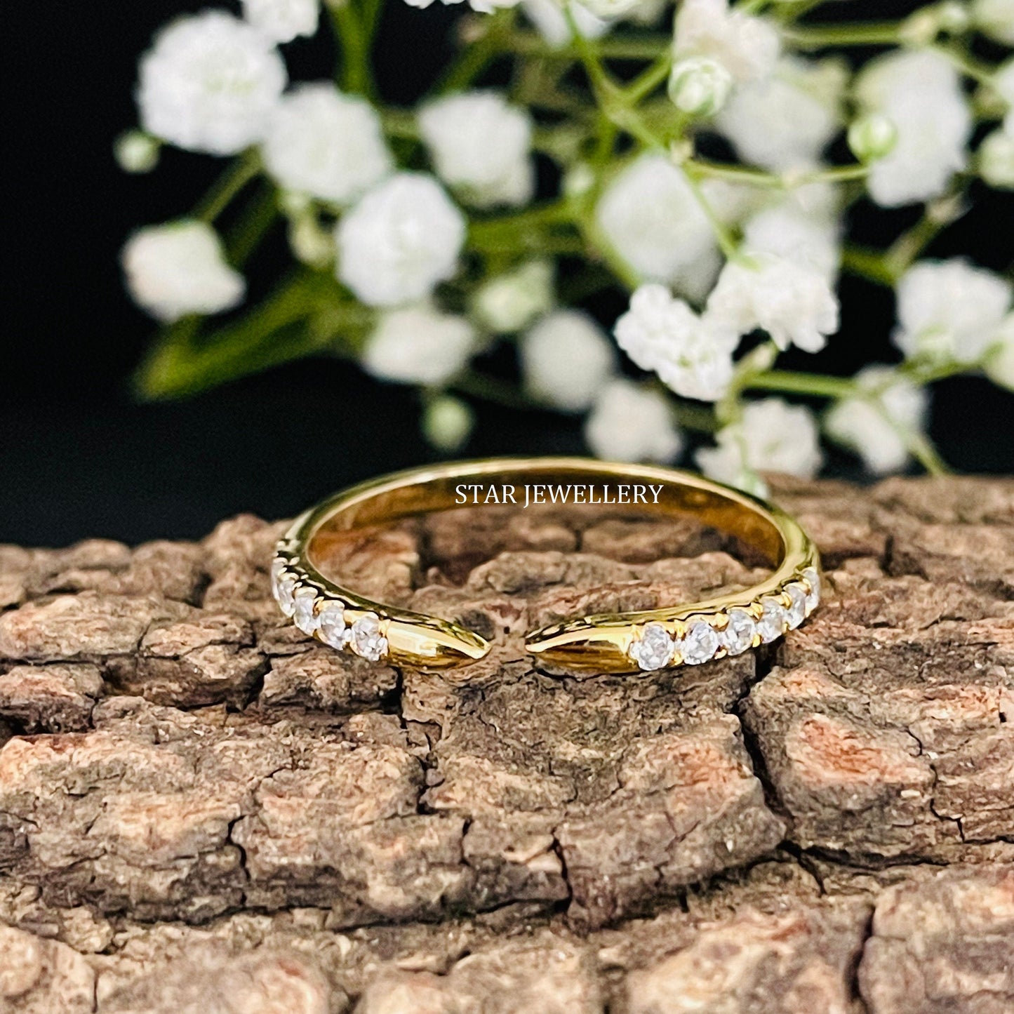 Stackable 14K Solid Gold Pave Set Lab Diamond Open Cuff Ring