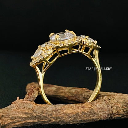 1.00 Ct Colorless Round Cut Three Stone Halo Lab Grown Diamond Engagement Ring