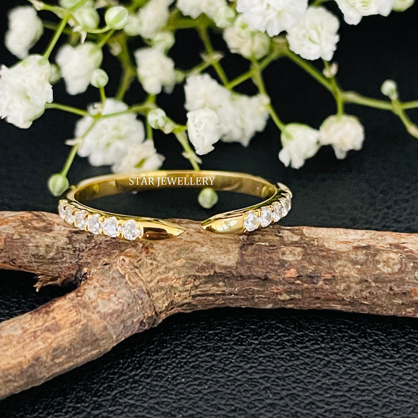 Stackable 14K Solid Gold Pave Set Lab Diamond Open Cuff Ring