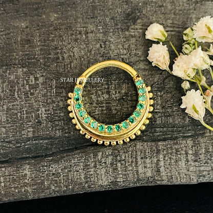14K Gold Green CZ Diamond Septum Nose Ring