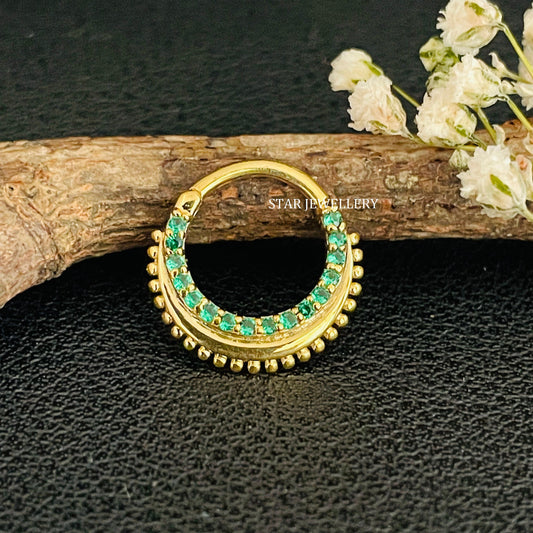 14K Gold Green CZ Diamond Septum Nose Ring