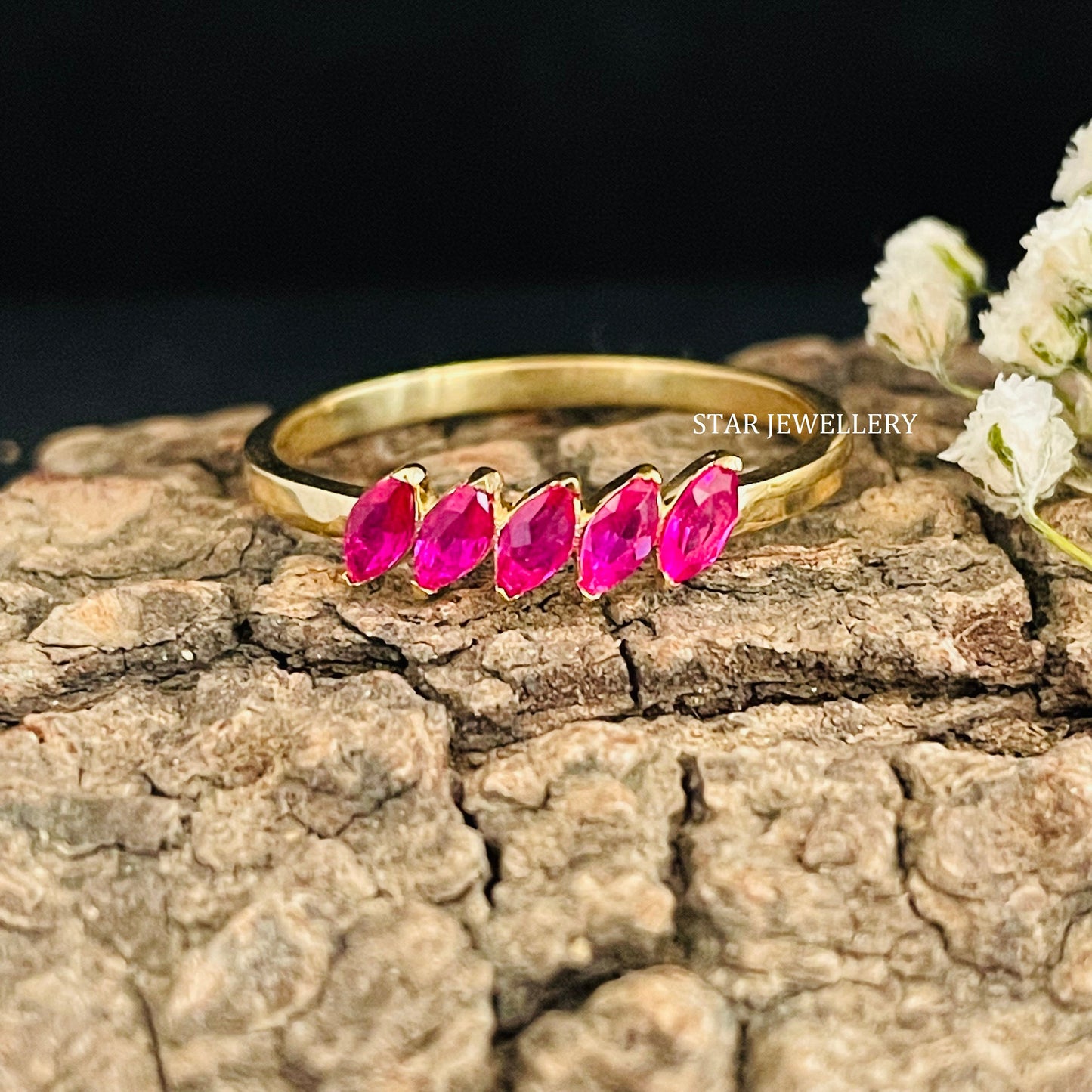 Marquise Shape Five Stone Natural Ruby Ring