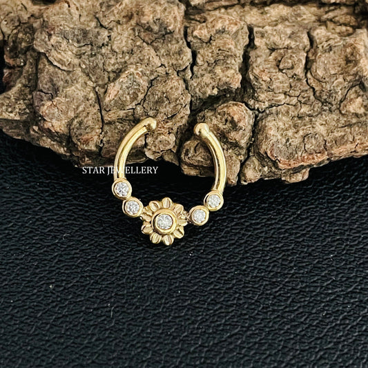 Bezel Set Natural Diamond Flower Fake Daith Piercing