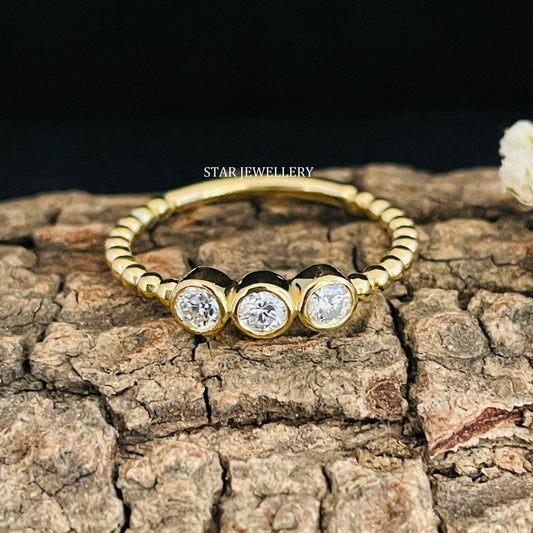 Bezel Set Three Stone LAB Diamond Beaded Shank Diamond Ring