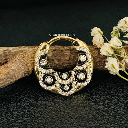 Micro Set Natural Diamond Septum Clicker Piercing with Black Enamel