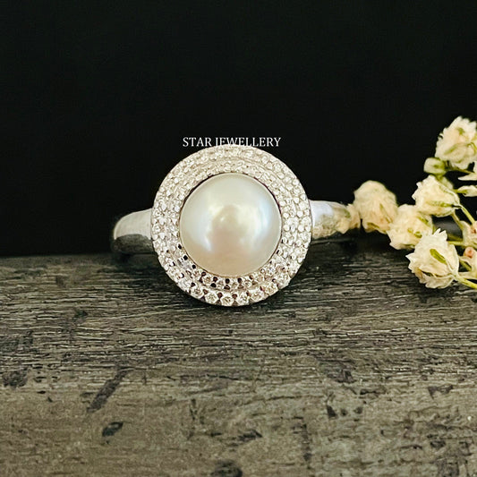 14K Solid Gold Diamond Pearl Halo Ring