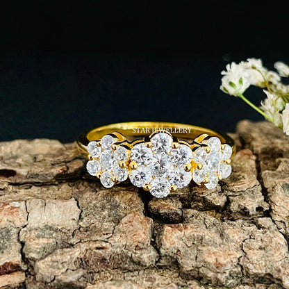 14K Gold Three Flower LAB Diamond Ring
