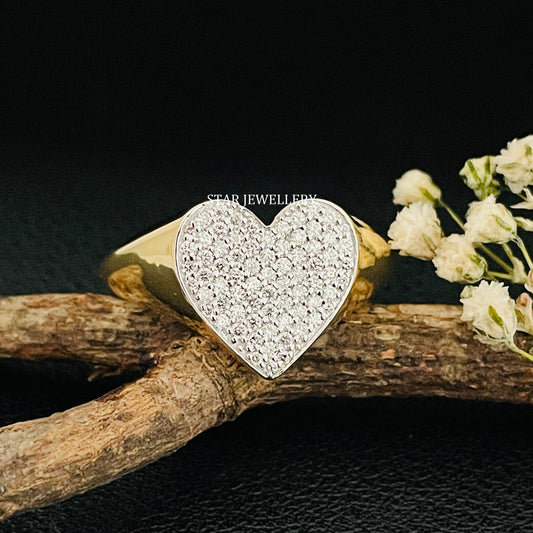 14K Gold LAB Diamond Heart Signet Ring