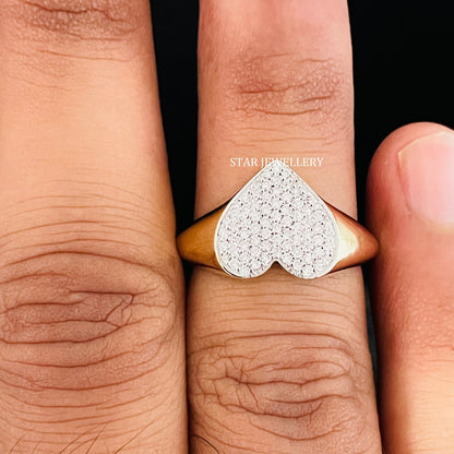 14K Gold LAB Diamond Heart Signet Ring
