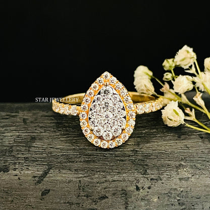 Solid Gold Natural Diamond Pear Shape Diamond Cluster Ring