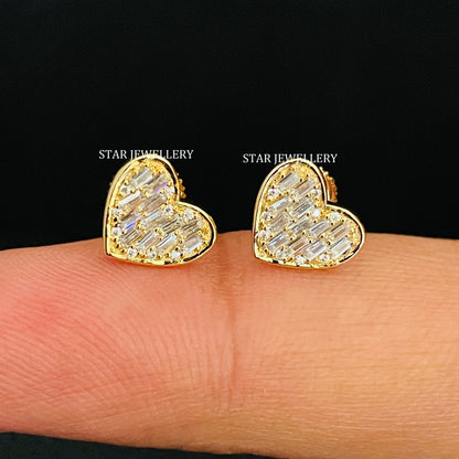 Baguette Diamond Solid Gold Heart Stud Piercing