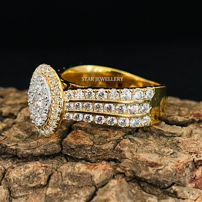 Oval Shape Diamond Cluster Halo Engagement Ring with 14K Solid Gold