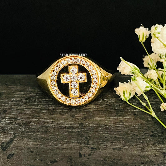 LAB Diamond Signet Halo Cross Ring