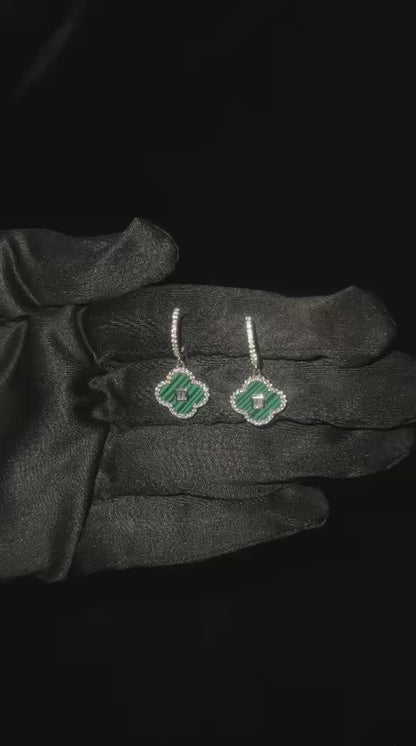 Silver Green Clover Hoops Earring