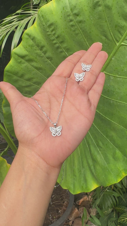 Silver Crystal Encrusted Butterfly Necklace Set
