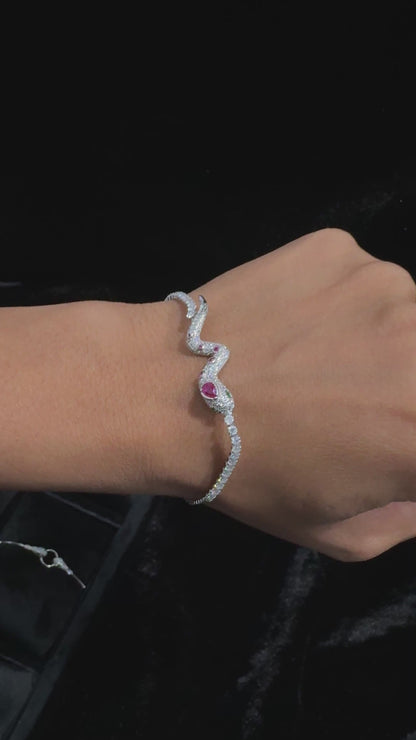 Silver Serpent Head Bracelet with Zircon Stones