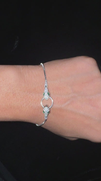 Silver Serpent Head Bracelet with Zircon Stones