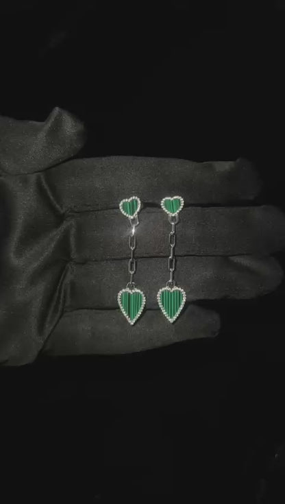 Silver Drop Heart Earrings in Green