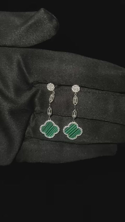 Silver Fourleaf Clover Statement Earrings in Green